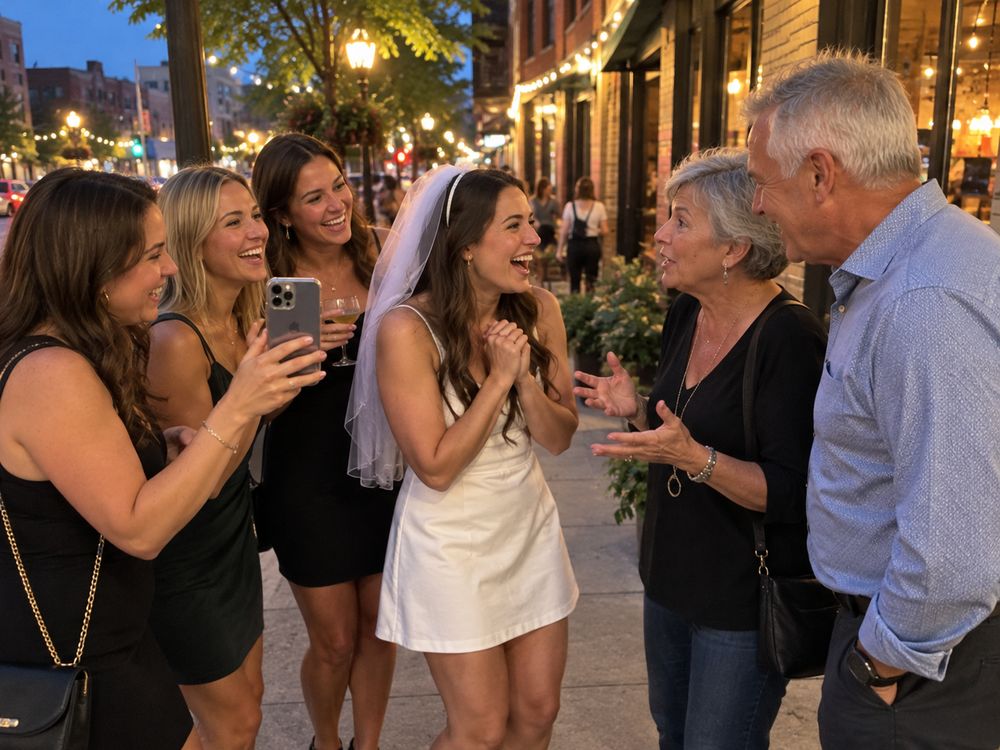 A bride-to-be and her friends getting marriage advice from an older couple